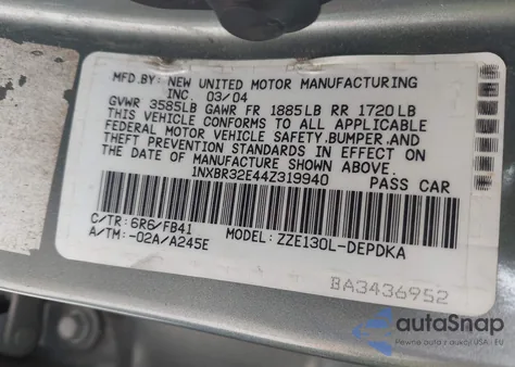 2004 Toyota Corolla Ce из США, поврежденный, VIN 1NXBR32E44Z319940